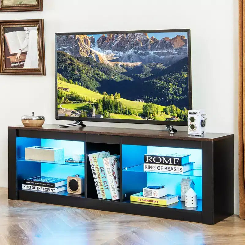 Meuble TV Costway avec lumières LED pour téléviseurs jusqu'à 65 pouces avec étagères réglables en verre trempé