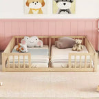 Lit au sol double/jumeau TUYOHW pour enfants avec clôture, lit Montessori moderne avec barrières de sécurité pour chambre à coucher