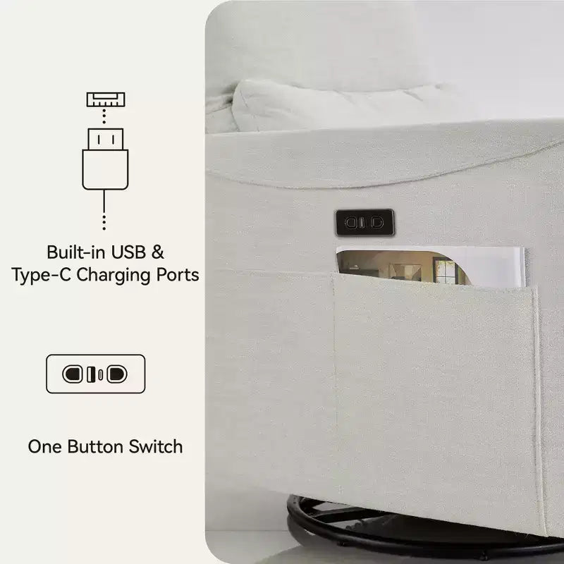 Canapé inclinable électrique Dyonery Power Swivel Rocker, petit canapé inclinable électrique avec ports USB et Type-C, fauteuil de crèche planeur avec support lombaire