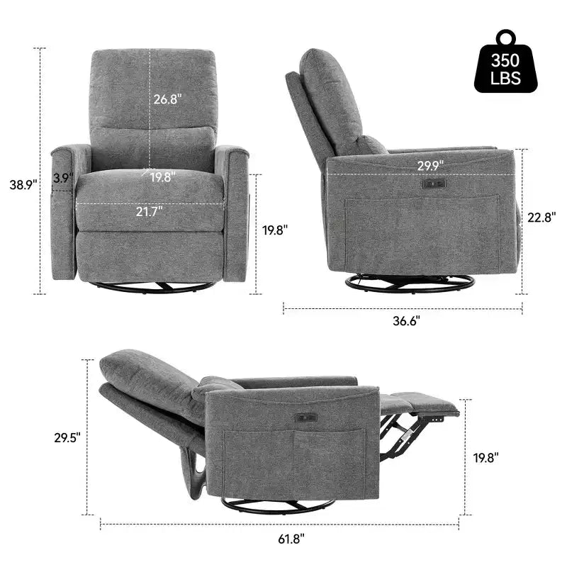 Canapé inclinable électrique Dyonery Power Swivel Rocker, petit canapé inclinable électrique avec ports USB et Type-C, fauteuil de crèche planeur avec support lombaire