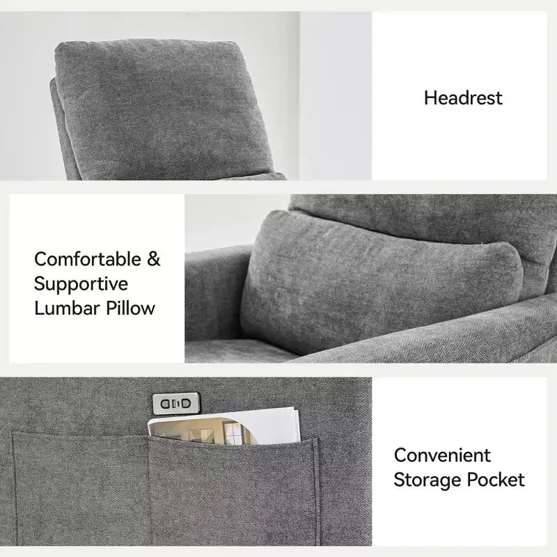 Canapé inclinable électrique Dyonery Power Swivel Rocker, petit canapé inclinable électrique avec ports USB et Type-C, fauteuil de crèche planeur avec support lombaire