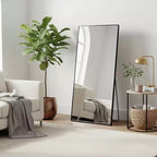 MAYEERTY Miroir pleine longueur en aluminium 71x32in, noir, à angle droit, verre trempé, avec support