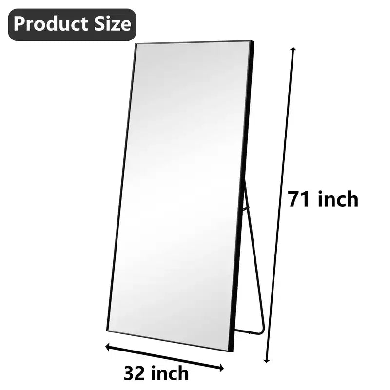 MAYEERTY Miroir pleine longueur en aluminium 71x32in, noir, à angle droit, verre trempé, avec support