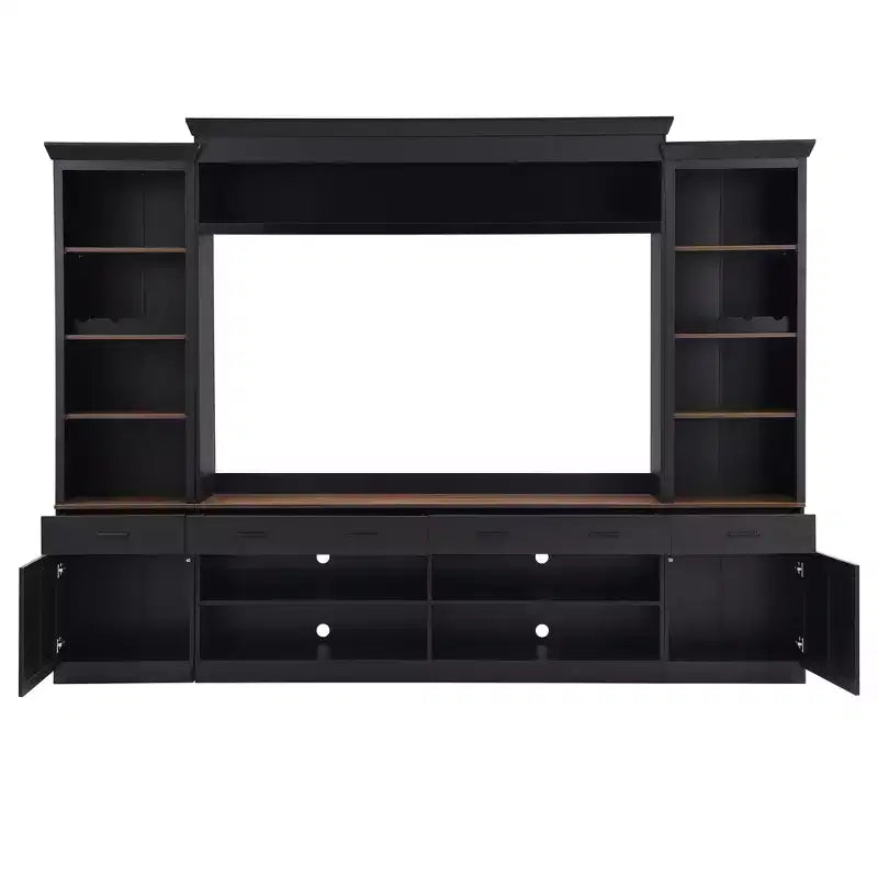 Meuble TV mural avec pont pour téléviseur de 70 pouces, grand meuble console multimédia du milieu du siècle avec bibliothèque et étagères réglables