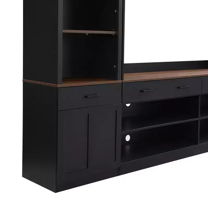 Meuble TV mural avec pont pour téléviseur de 70 pouces, grand meuble console multimédia du milieu du siècle avec bibliothèque et étagères réglables