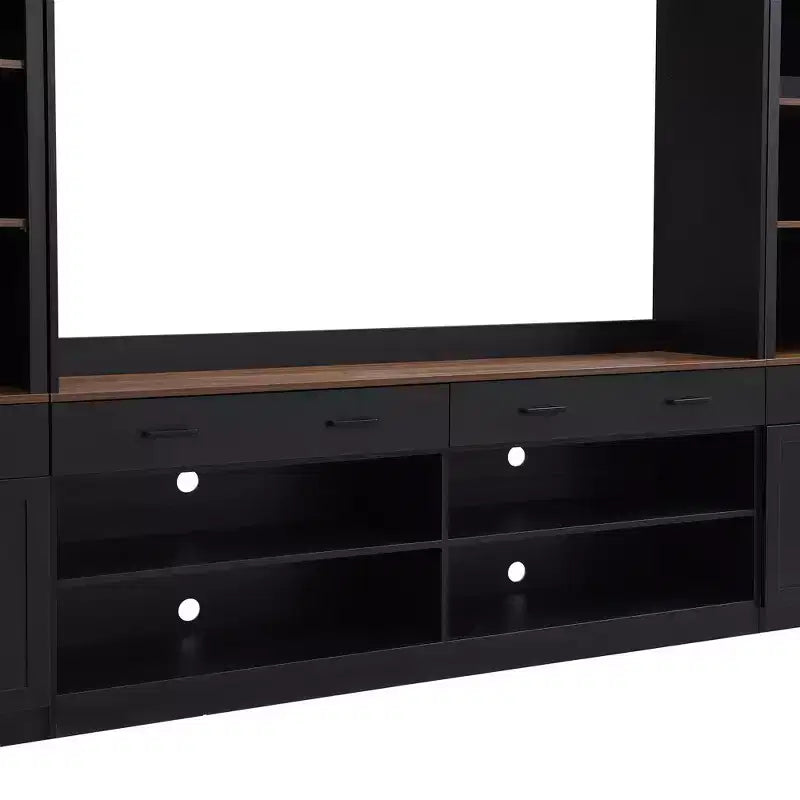 Meuble TV mural avec pont pour téléviseur de 70 pouces, grand meuble console multimédia du milieu du siècle avec bibliothèque et étagères réglables
