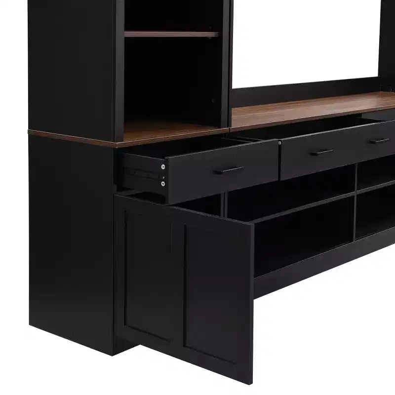 Meuble TV mural avec pont pour téléviseur de 70 pouces, grand meuble console multimédia du milieu du siècle avec bibliothèque et étagères réglables