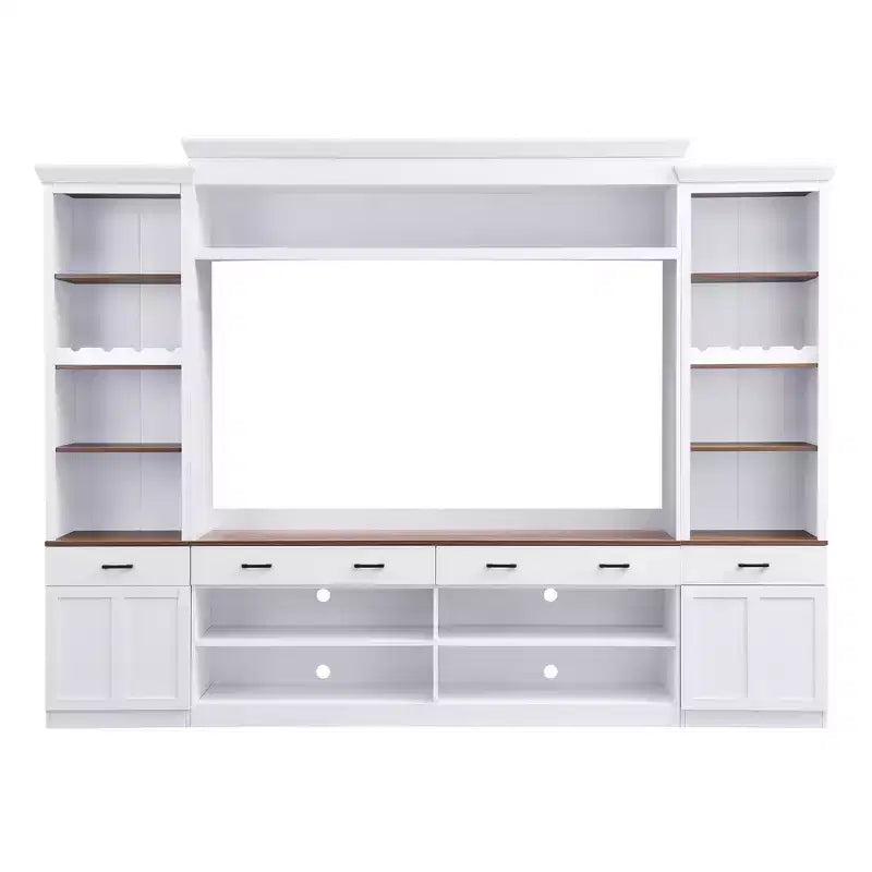 Meuble TV mural avec pont pour téléviseur de 70 pouces, grand meuble console multimédia du milieu du siècle avec bibliothèque et étagères réglables
