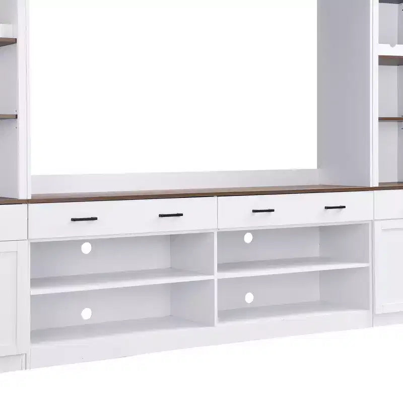 Meuble TV mural avec pont pour téléviseur de 70 pouces, grand meuble console multimédia du milieu du siècle avec bibliothèque et étagères réglables