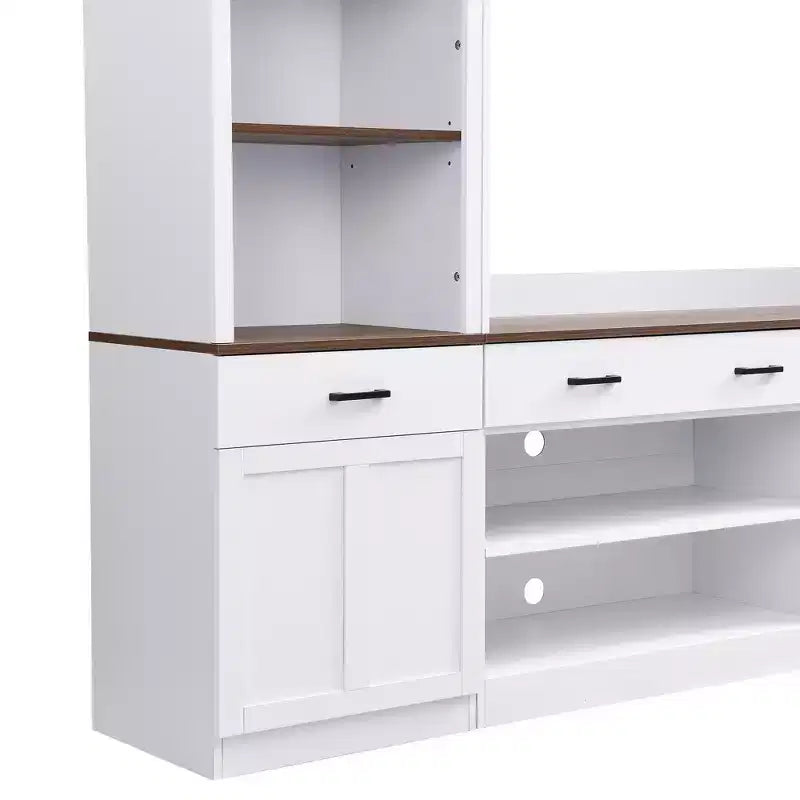 Meuble TV mural avec pont pour téléviseur de 70 pouces, grand meuble console multimédia du milieu du siècle avec bibliothèque et étagères réglables