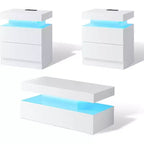 AMERLIFE Ensemble de 3 tables basses modernes laquées brillantes avec éclairage LED et rangement, 2 tables d'appoint avec station de recharge pour salon