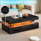 AMERLIFE Ensemble de 3 tables basses modernes laquées brillantes avec éclairage LED et rangement, 2 tables d'appoint avec station de recharge pour salon