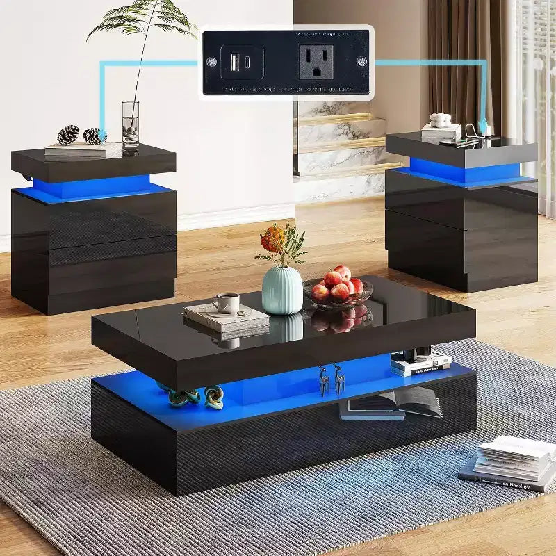 AMERLIFE 3 Pieces Modern High Gloss Living Room Table Set with LED Light and Storage, 2 End Side Tables with Charging Station for Living Room