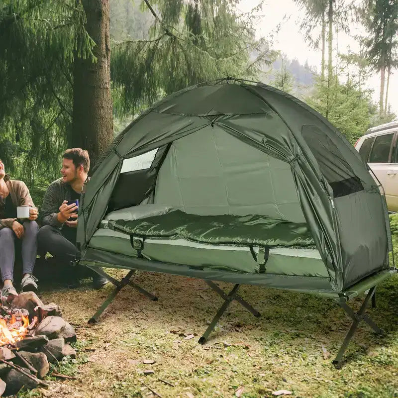 Lits de camp pliables tout-en-un pour adultes, tente surélevée avec sac de couchage, matelas pneumatique épais, lit de camp portable simple