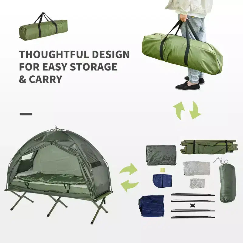 Lits de camp pliables tout-en-un pour adultes, tente surélevée avec sac de couchage, matelas pneumatique épais, lit de camp portable simple