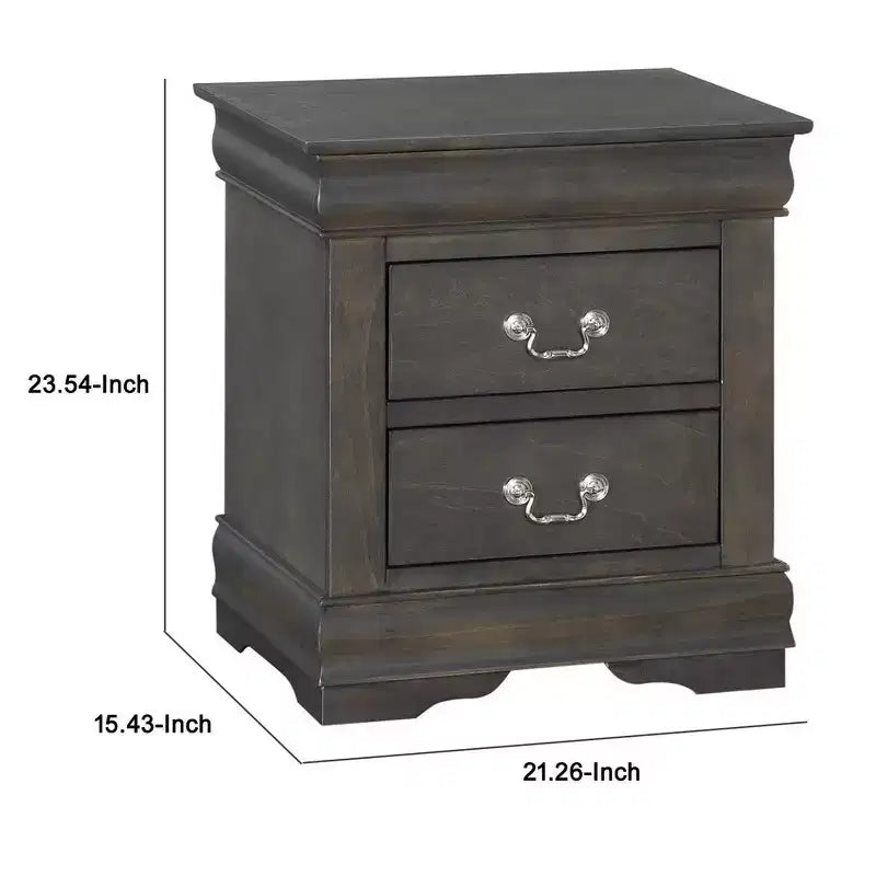 Table de chevet en bois de style traditionnel Royal Hampton avec deux tiroirs et poignées en métal, gris foncé