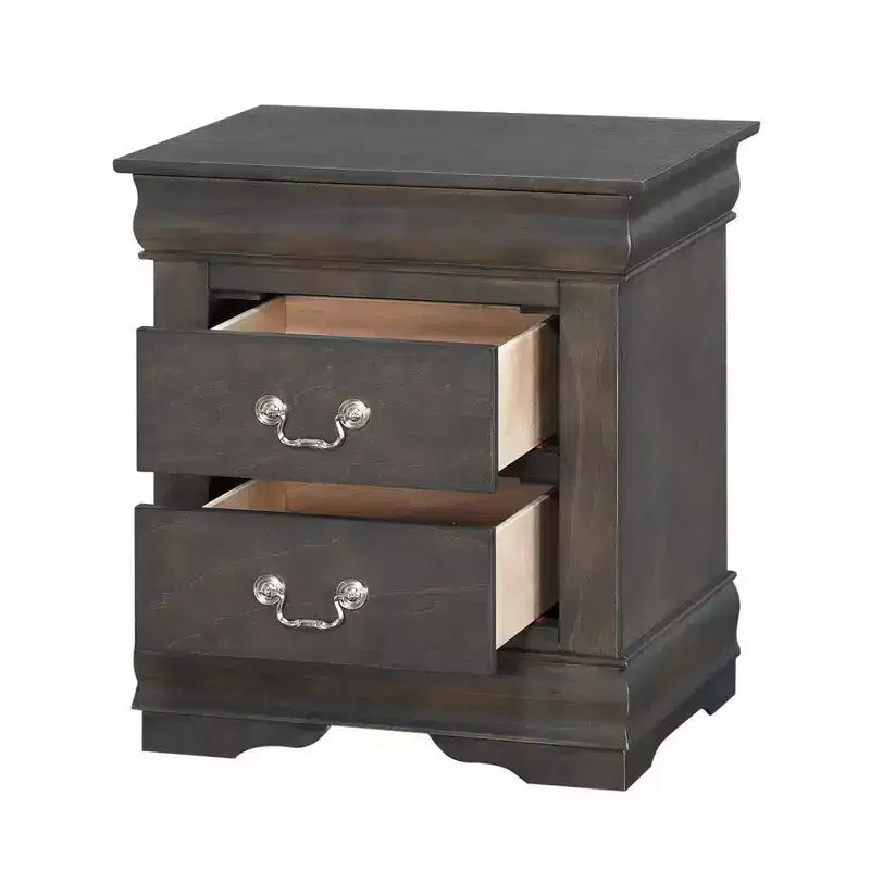 Table de chevet en bois de style traditionnel Royal Hampton avec deux tiroirs et poignées en métal, gris foncé