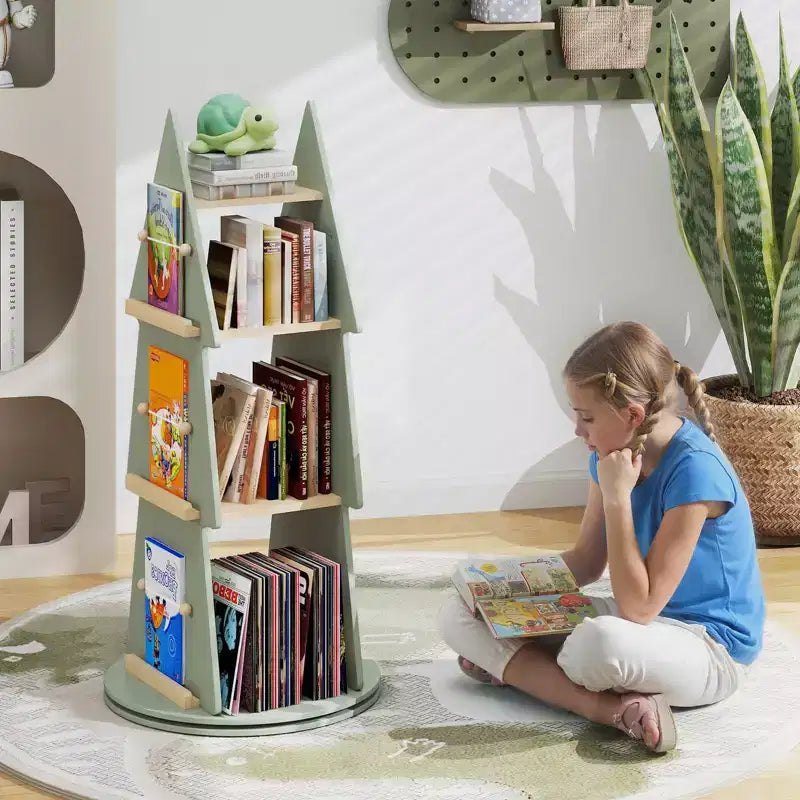 Costway Étagère à Livres Rotative pour Enfants, Bibliothèque Pivotante à 4 Niveaux en Forme d'Arbre, Présentoir Rotatif à 360°