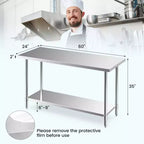 Table de travail Costway en acier inoxydable 152 x 61 cm, table de préparation de cuisine commerciale résistante aux rayures avec étagère inférieure et patins réglables