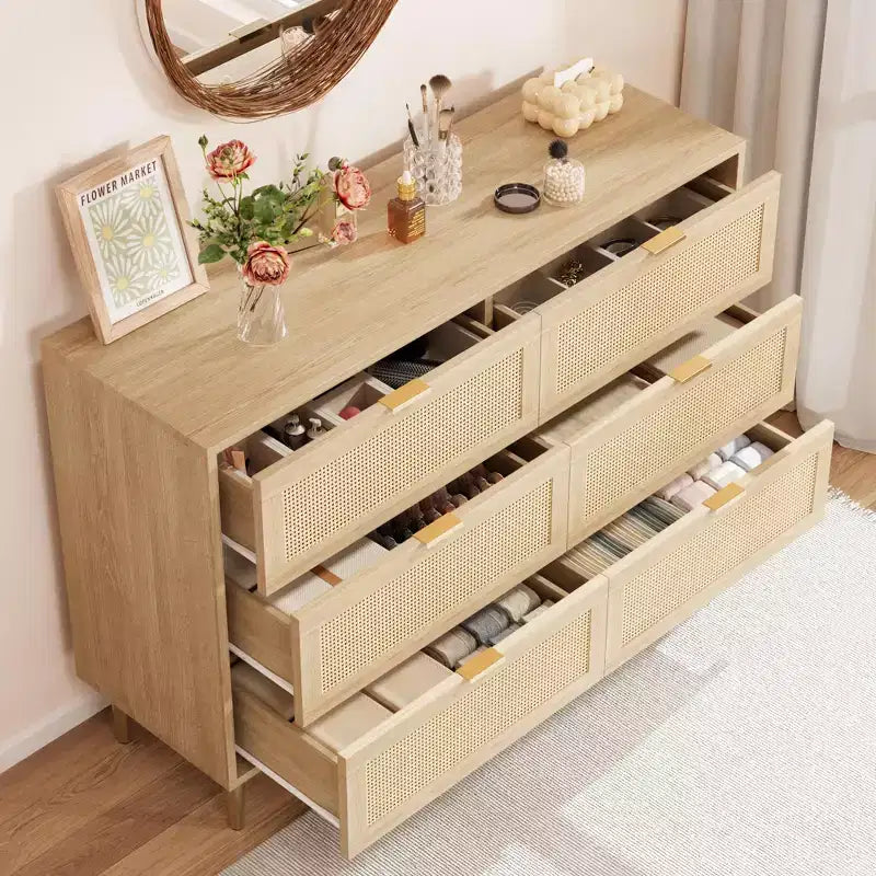 Commode 6 tiroirs en rotin avec pieds et poignées dorés, commode double large moderne avec grand plateau et dispositif anti-basculement pour chambre et salon