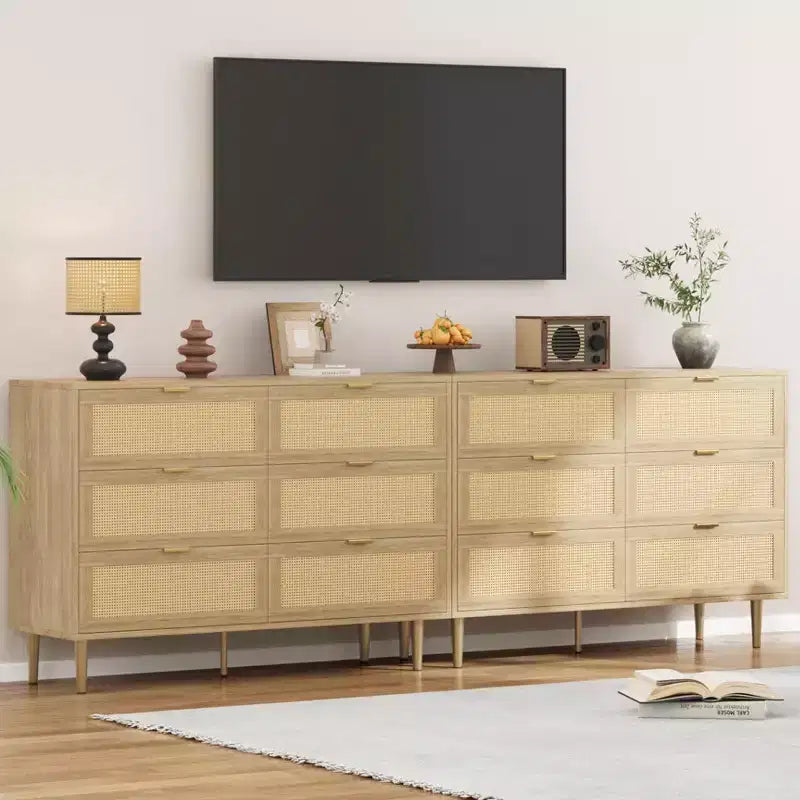 Commode 6 tiroirs en rotin avec pieds et poignées dorés, commode double large moderne avec grand plateau et dispositif anti-basculement pour chambre et salon