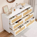 Commode 6 tiroirs en rotin avec pieds et poignées dorés, commode double large moderne avec grand plateau et dispositif anti-basculement pour chambre et salon