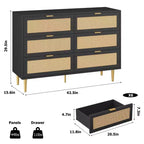 Commode 6 tiroirs en rotin avec pieds et poignées dorés, commode double large moderne avec grand plateau et dispositif anti-basculement pour chambre et salon