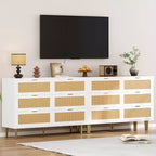 Commode 6 tiroirs en rotin avec pieds et poignées dorés, commode double large moderne avec grand plateau et dispositif anti-basculement pour chambre et salon