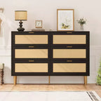 Commode 6 tiroirs en rotin avec pieds et poignées dorés, commode double large moderne avec grand plateau et dispositif anti-basculement pour chambre et salon