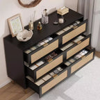 Commode 6 tiroirs en rotin avec pieds et poignées dorés, commode double large moderne avec grand plateau et dispositif anti-basculement pour chambre et salon