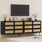 Commode 6 tiroirs en rotin avec pieds et poignées dorés, commode double large moderne avec grand plateau et dispositif anti-basculement pour chambre et salon