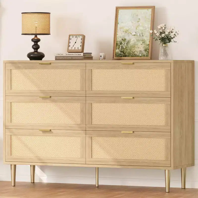 Commode 6 tiroirs en rotin avec pieds et poignées dorés, commode double large moderne avec grand plateau et dispositif anti-basculement pour chambre et salon