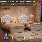 Cadre de lit avec lumières LED et tête de lit en velours avec boutons en cristal, lit rembourré avec tiroir de rangement, sans bruit, pas besoin de sommier tapissier pour enfants, adolescents