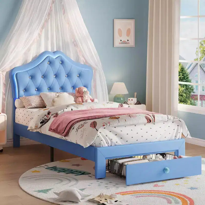 Cadre de lit avec lumières LED et tête de lit en velours avec boutons en cristal, lit rembourré avec tiroir de rangement, sans bruit, pas besoin de sommier tapissier pour enfants, adolescents