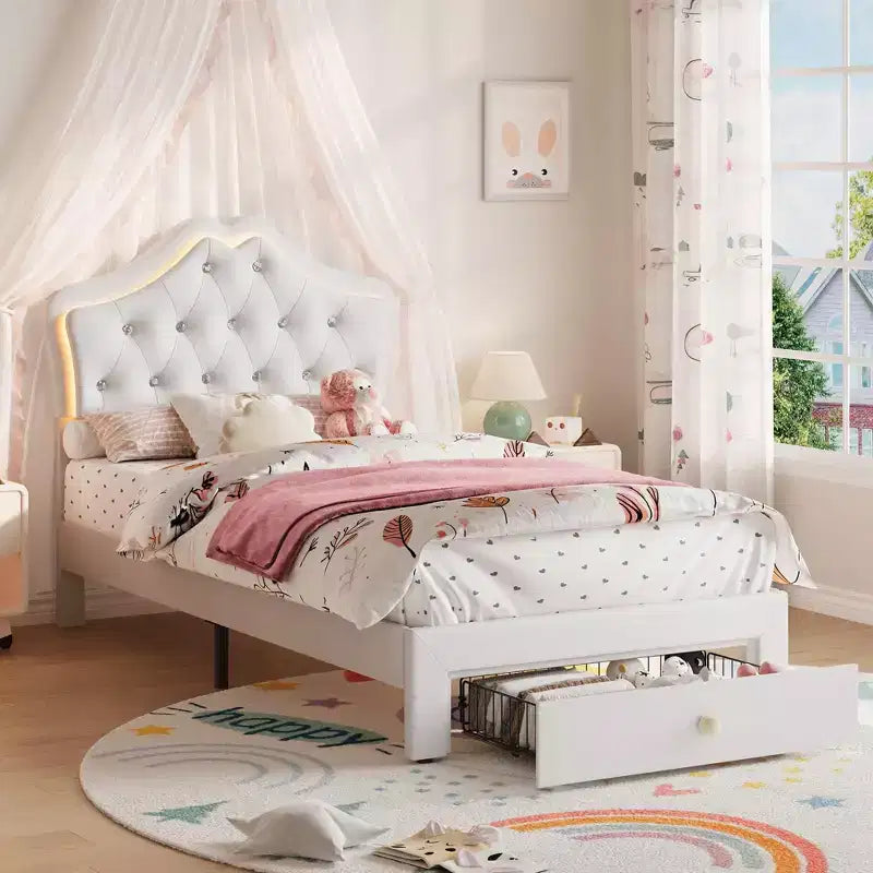 Cadre de lit avec lumières LED et tête de lit en velours avec boutons en cristal, lit rembourré avec tiroir de rangement, sans bruit, pas besoin de sommier tapissier pour enfants, adolescents