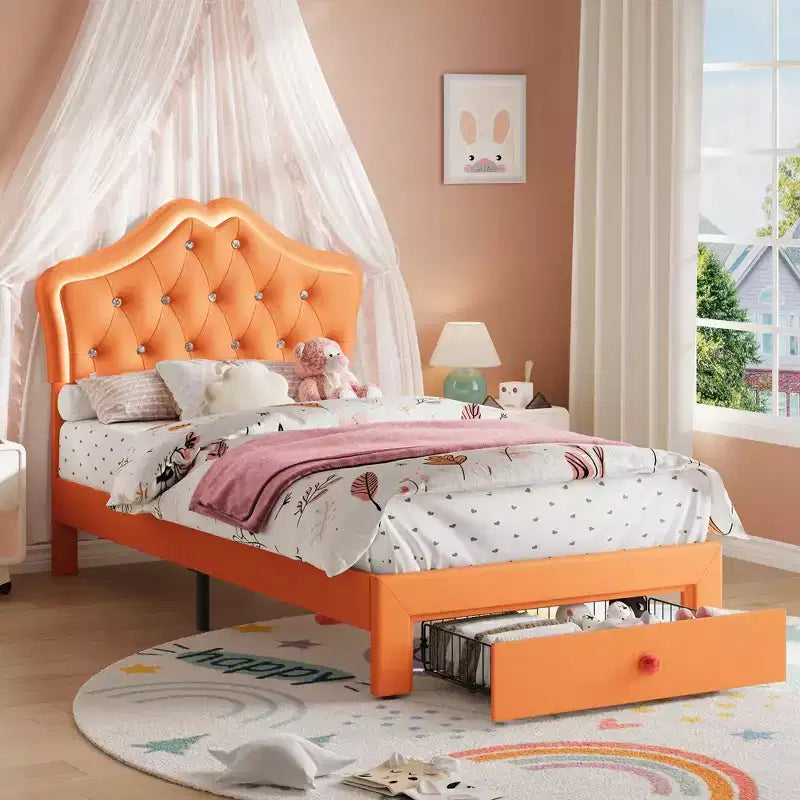 Cadre de lit avec lumières LED et tête de lit en velours avec boutons en cristal, lit rembourré avec tiroir de rangement, sans bruit, pas besoin de sommier tapissier pour enfants, adolescents