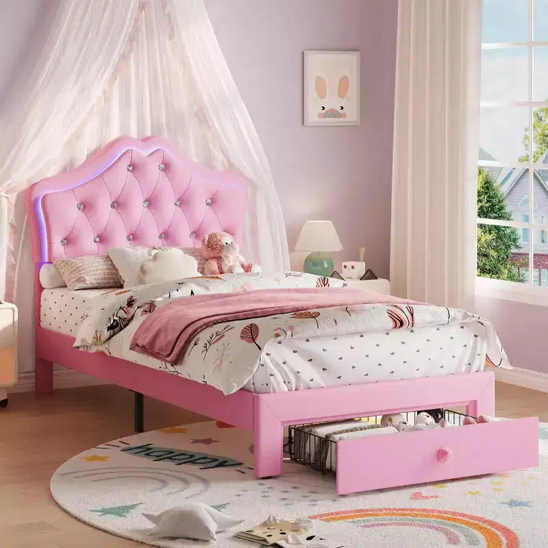 Cadre de lit avec lumières LED et tête de lit en velours avec boutons en cristal, lit rembourré avec tiroir de rangement, sans bruit, pas besoin de sommier tapissier pour enfants, adolescents