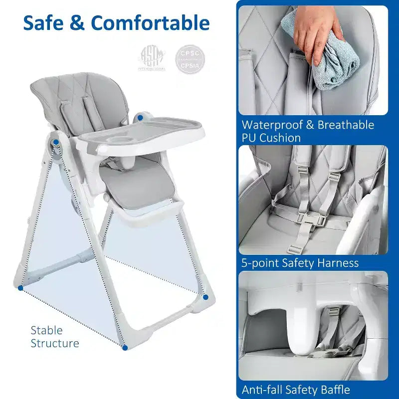 Chaise Haute Pliante pour Bébés et Tout-Petits - Hauteur et Inclinaison Réglables, Plateau Amovible Facile à Nettoyer