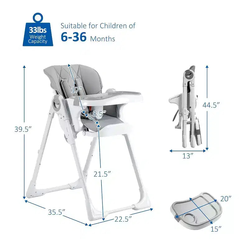 Chaise Haute Pliante pour Bébés et Tout-Petits - Hauteur et Inclinaison Réglables, Plateau Amovible Facile à Nettoyer