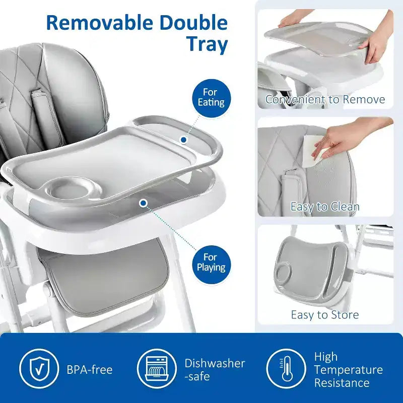 Chaise Haute Pliante pour Bébés et Tout-Petits - Hauteur et Inclinaison Réglables, Plateau Amovible Facile à Nettoyer