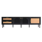 Meuble TV en rotin avec lumière LED pour TV de 70 pouces, meuble de rangement TV en bois avec tiroirs pour salon, noir