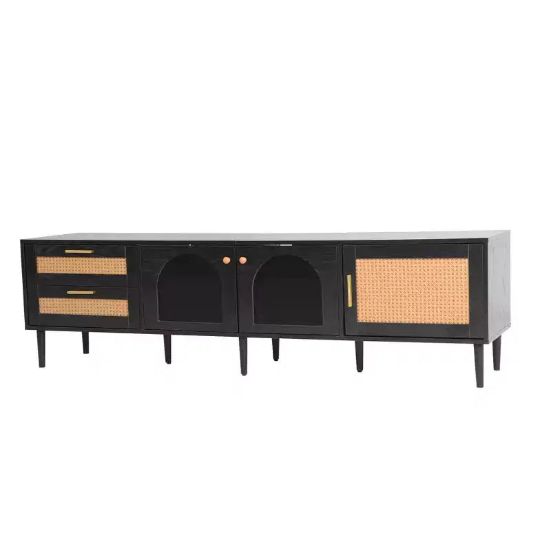 Meuble TV en rotin avec lumière LED pour TV de 70 pouces, meuble de rangement TV en bois avec tiroirs pour salon, noir