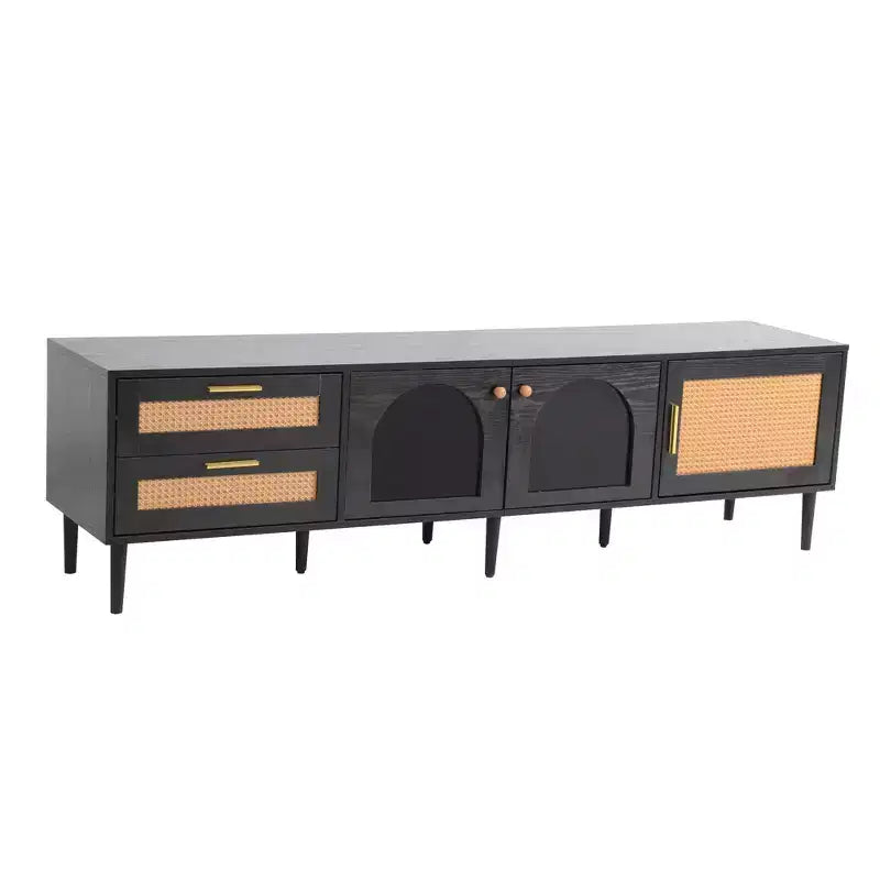 Meuble TV en rotin avec lumière LED pour TV de 70 pouces, meuble de rangement TV en bois avec tiroirs pour salon, noir