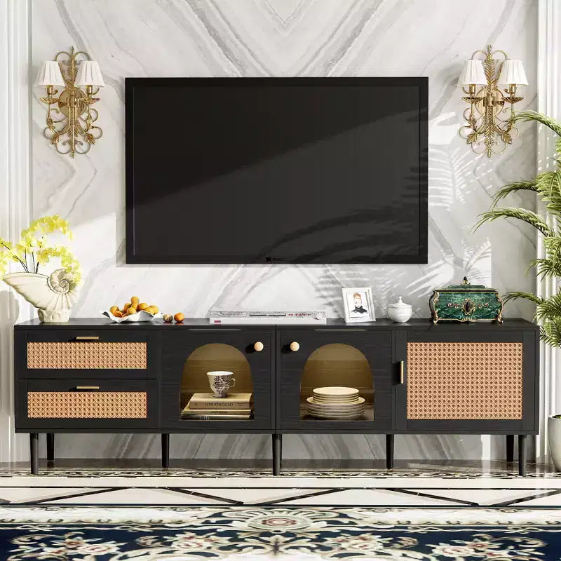 Meuble TV en rotin avec lumière LED pour TV de 70 pouces, meuble de rangement TV en bois avec tiroirs pour salon, noir