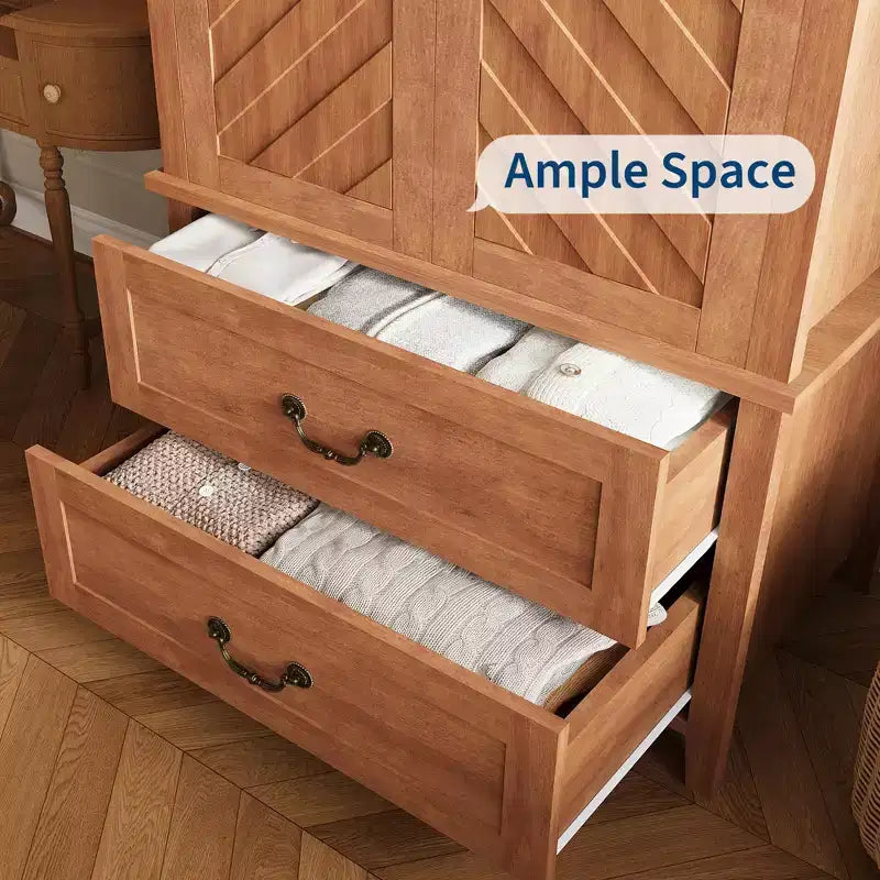 Armoire en bois avec 2 tiroirs, armoire de rangement pour vêtements de 180 cm de haut avec tringle à vêtements en métal, organisateur de vêtements pour chambre à coucher, vestiaire