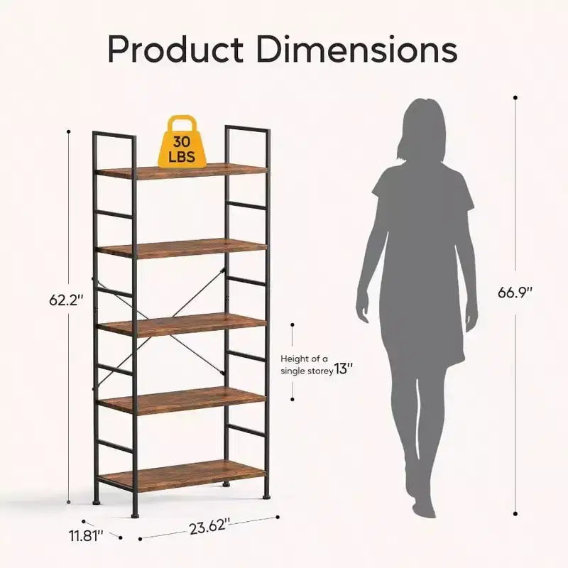 Étagère à 5 niveaux Marron rustique Étagère de rangement autoportante pour maison, bureau, chambre, salon, salle de bain