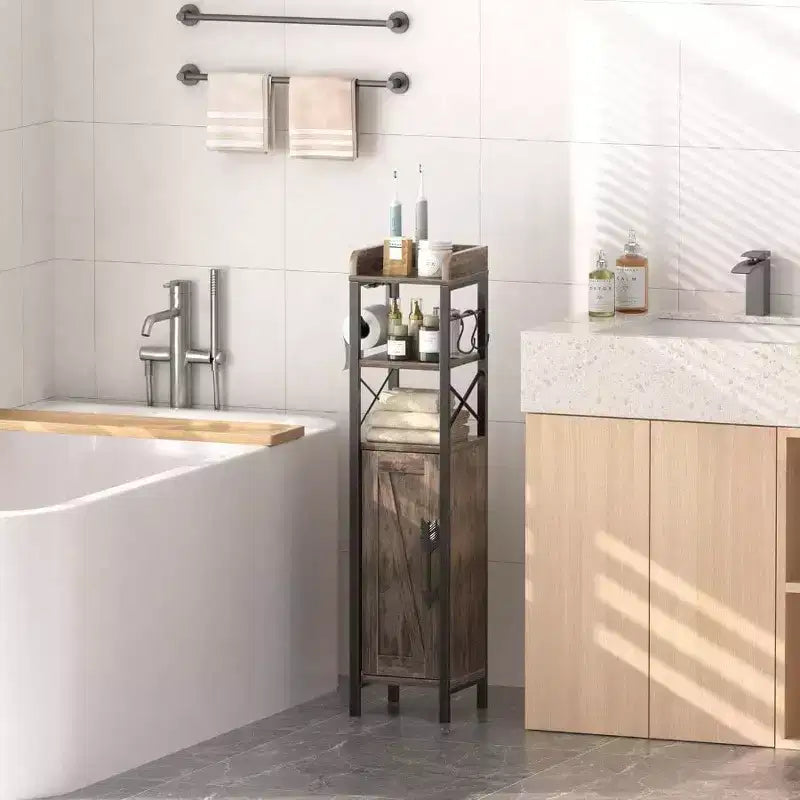 Petit meuble de salle de bain avec porte et 2 étagères, support de papier toilette fin en métal, organiseur de rangement étroit pour petit espace