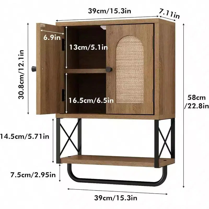 Armoire murale de salle de bain en rotin bohème au-dessus des toilettes avec portes arquées en rotin, armoire moderne avec étagères réglables