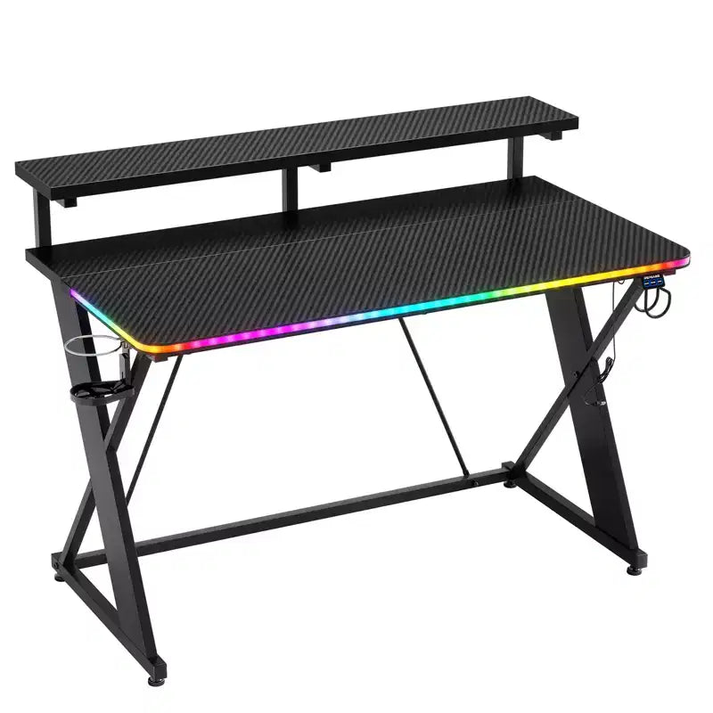 RSPGAME Basic 43 Bureau de jeu lumineux synchronisé avec la musique, support de moniteur ergonomique en forme de X, table de joueur, bureau d'ordinateur avec porte-gobelet et support de casque