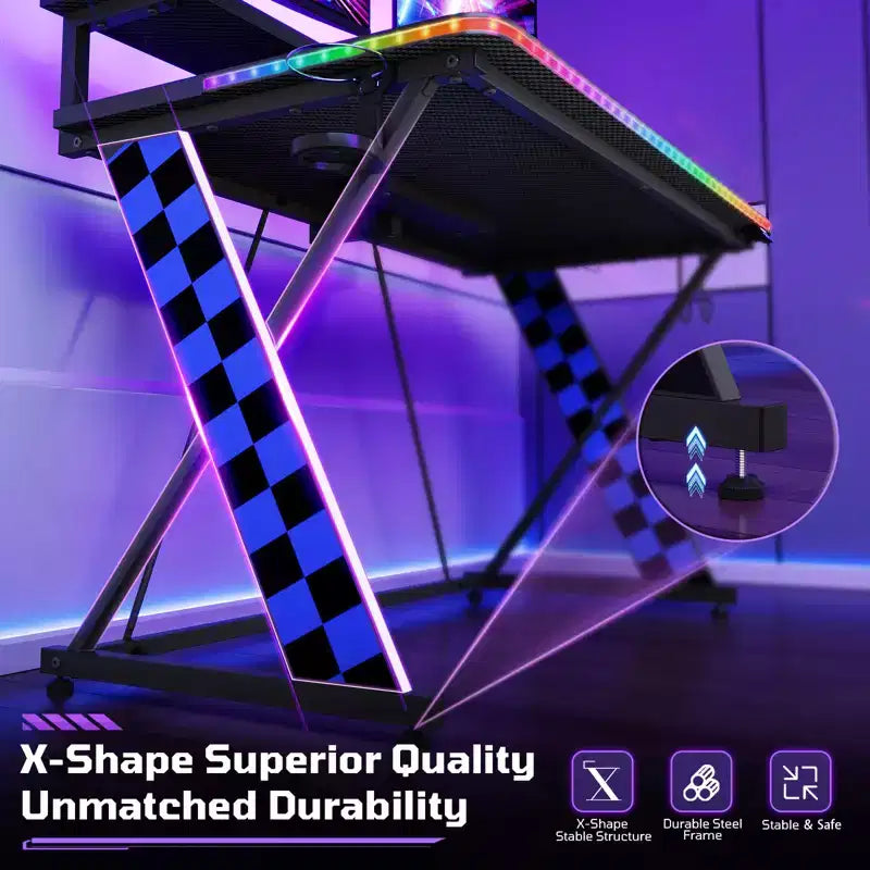 RSPGAME Basic 43 Bureau de jeu lumineux synchronisé avec la musique, support de moniteur ergonomique en forme de X, table de joueur, bureau d'ordinateur avec porte-gobelet et support de casque